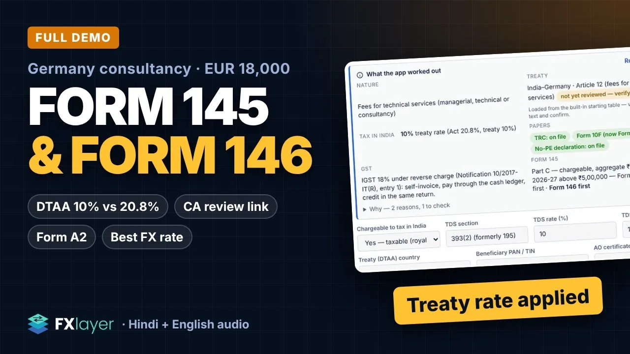 Full demo: Form 145 and Form 146. Germany consultancy, EUR 18,000; DTAA 10% against 20.8%, CA review link, Form A2, best FX rate. What the app worked out, with the treaty rate applied. Hindi and English audio.